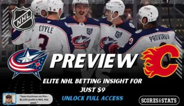 Columbus Blue Jackets versus Calgary Flames NHL preview graphic with team logos and Scores and Stats branding January 13 2026