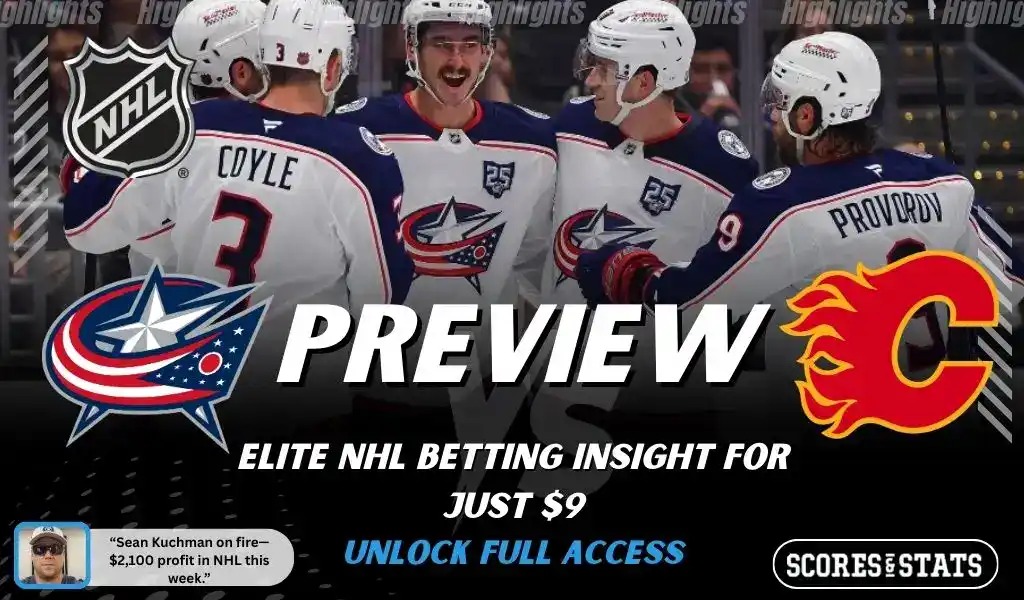 Columbus Blue Jackets versus Calgary Flames NHL preview graphic with team logos and Scores and Stats branding January 13 2026