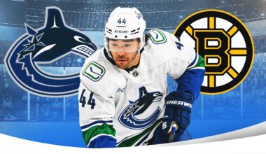 Vancouver Canucks forward Kiefer Sherwood (44) reacts to the loss against the Boston Bruins in overtime at Rogers Arena.