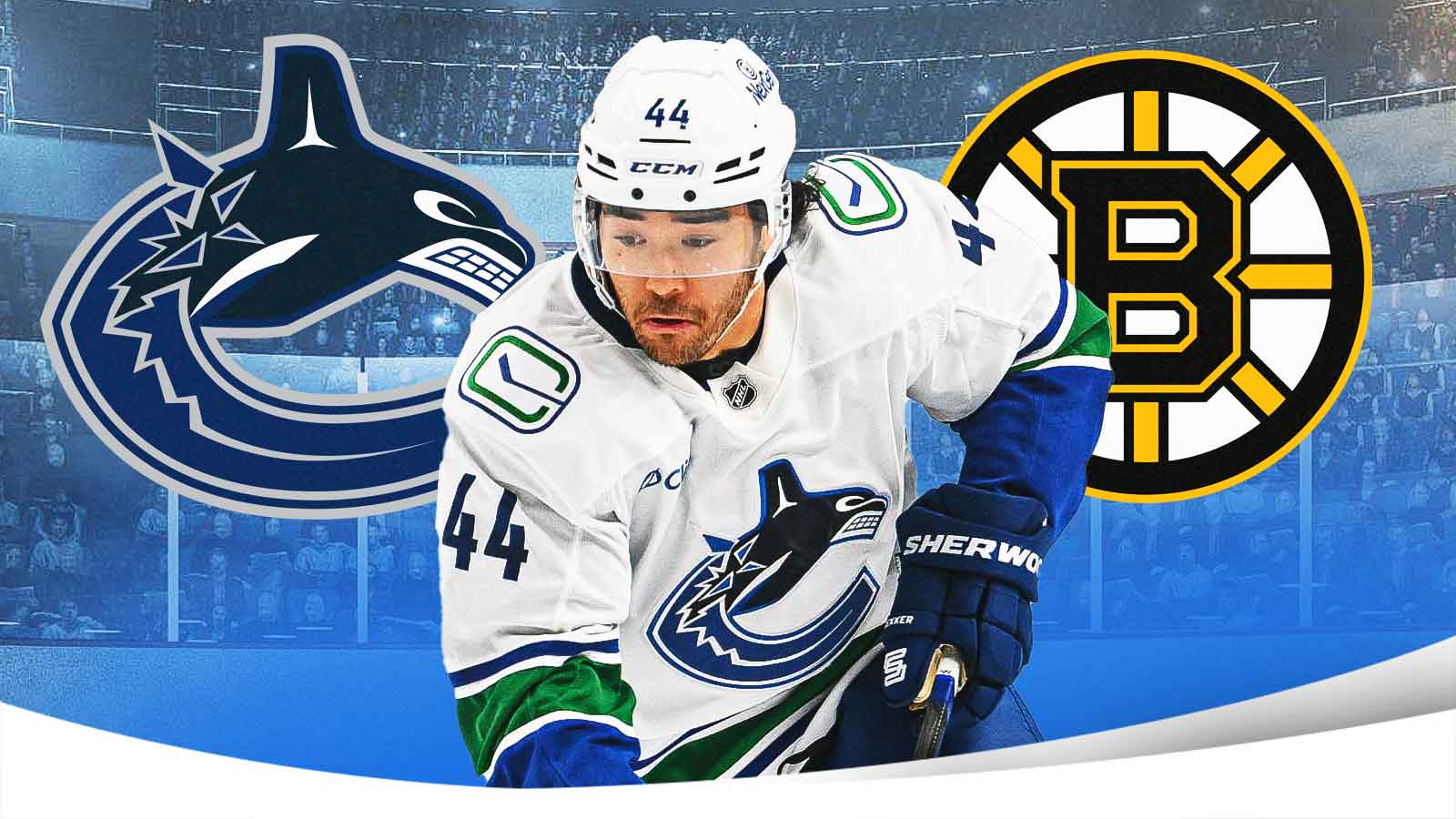 Vancouver Canucks forward Kiefer Sherwood (44) reacts to the loss against the Boston Bruins in overtime at Rogers Arena.