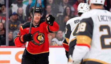 Senators' Halliday exits vs. Golden Knights after being hit into stanchion