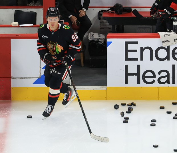 Blackhawks center Connor Bedard takes to the ice to warm up for a game against the Capitals at the United Center on Jan. 9, 2026, in Chicago. (John J. Kim/Chicago Tribune)