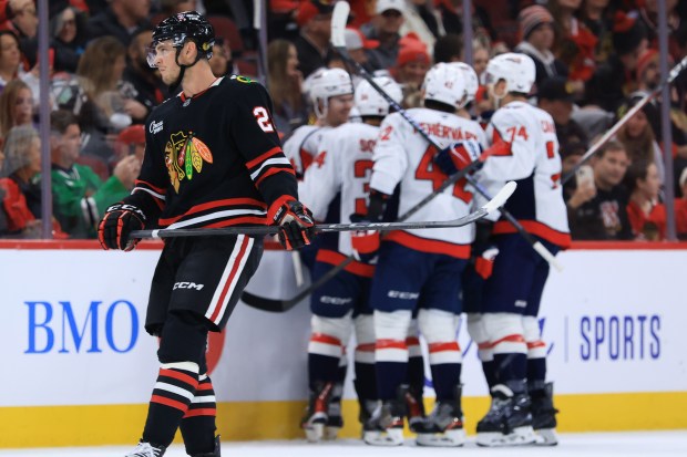 Blackhawks left wing Andre Burakovsky (28) skates away after a goal by Capitals center Connor McMichael in the first period at the United Center on Jan. 9, 2026, in Chicago. (John J. Kim/Chicago Tribune)