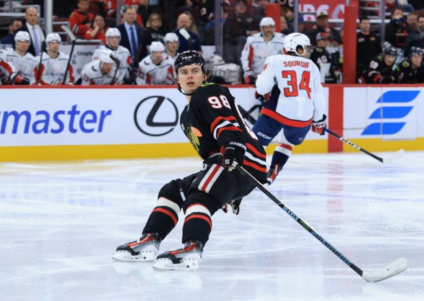 Blackhawks center Connor Bedard (98) looks away from the action in the third period against the Capitals at the United Center on Jan. 9, 2026, in Chicago. (John J. Kim/Chicago Tribune)