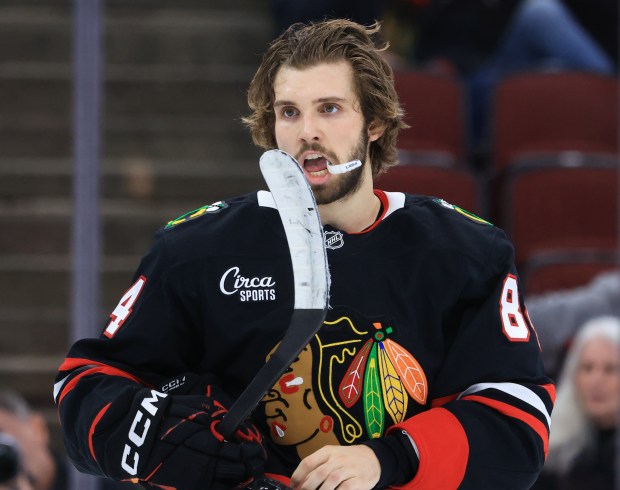 Blackhawks left wing Landon Slaggert chews on his mouthguard after a scuffle in the third period against the Capitals at the United Center on Jan. 9, 2026, in Chicago. (John J. Kim/Chicago Tribune)