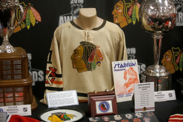 A jersey worn by goaltender Glenn Hall in the late 1950s sits on display at the Blackhawks Convention on July 16, 2016 at the Hilton Chicago. (Michael Tercha/Chicago Tribune)
