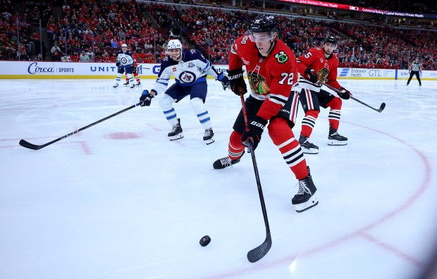 Chicago Blackhawks defenseman Alex Vlasic (72) looks to make a move in the third period of a game against the Winnipeg Jets at the United Center in Chicago on Jan. 19, 2026. (Chris Sweda/Chicago Tribune)