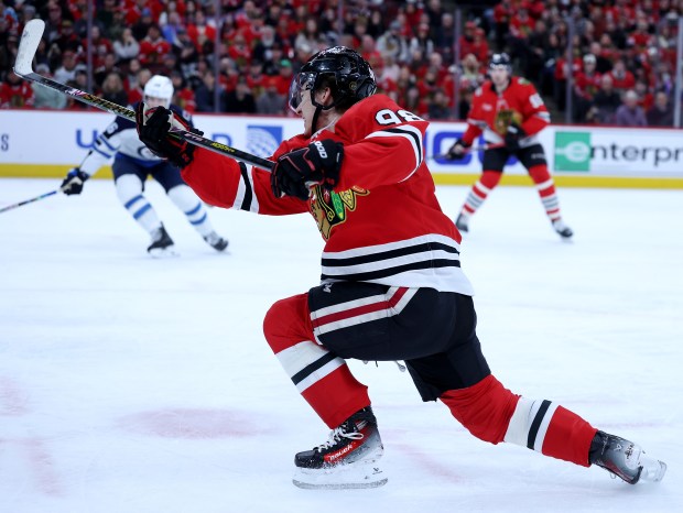 Chicago Blackhawks center Connor Bedard (98) takes a shot in the first period of a game against the Winnipeg Jets at the United Center in Chicago on Jan. 19, 2026. (Chris Sweda/Chicago Tribune)