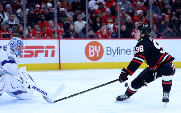 Chicago Blackhawks center Connor Bedard (98) misses an opportunity to score on Tampa Bay Lightning goaltender Andrei Vasilevskiy (88) in the third period of a game at the United Center in Chicago on Jan. 23, 2026. (Chris Sweda/Chicago Tribune)