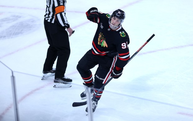Chicago Blackhawks center Frank Nazar (91) celebrates after scoring during the shootout of a game against the Tampa Bay Lightning at the United Center in Chicago on Jan. 23, 2026. (Chris Sweda/Chicago Tribune)