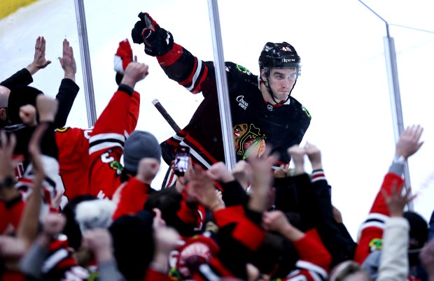 Chicago Blackhawks defenseman Louis Crevier (46) celebrates after scoring during the shootout of a game against the Tampa Bay Lightning at the United Center in Chicago on Jan. 23, 2026. (Chris Sweda/Chicago Tribune)