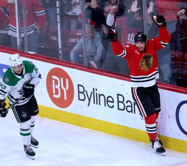 Chicago Blackhawks right wing Ilya Mikheyev (95) celebrates after scoring a goal in the second period of a game against the Dallas Stars at the United Center in Chicago on Jan. 1, 2026. (Chris Sweda/Chicago Tribune)