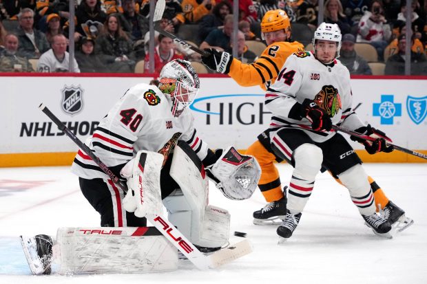 A shot by the Penguins' Ben Kindel gets past Blackhawks goaltender Arvid Söderblom for a goal during the second period Thursday, Jan. 29, 2026, in Pittsburgh. (Gene J. Puskar/AP)