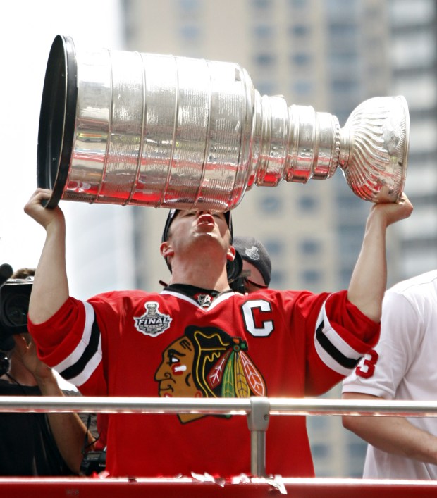 Jonathan Toews kisses the Cup during the Chicago Blackhawks Stanley Cup Victory Rally at Wacker and Michigan on Friday, June 11, 2010. (Brian Cassella/ Chicago Tribune) 