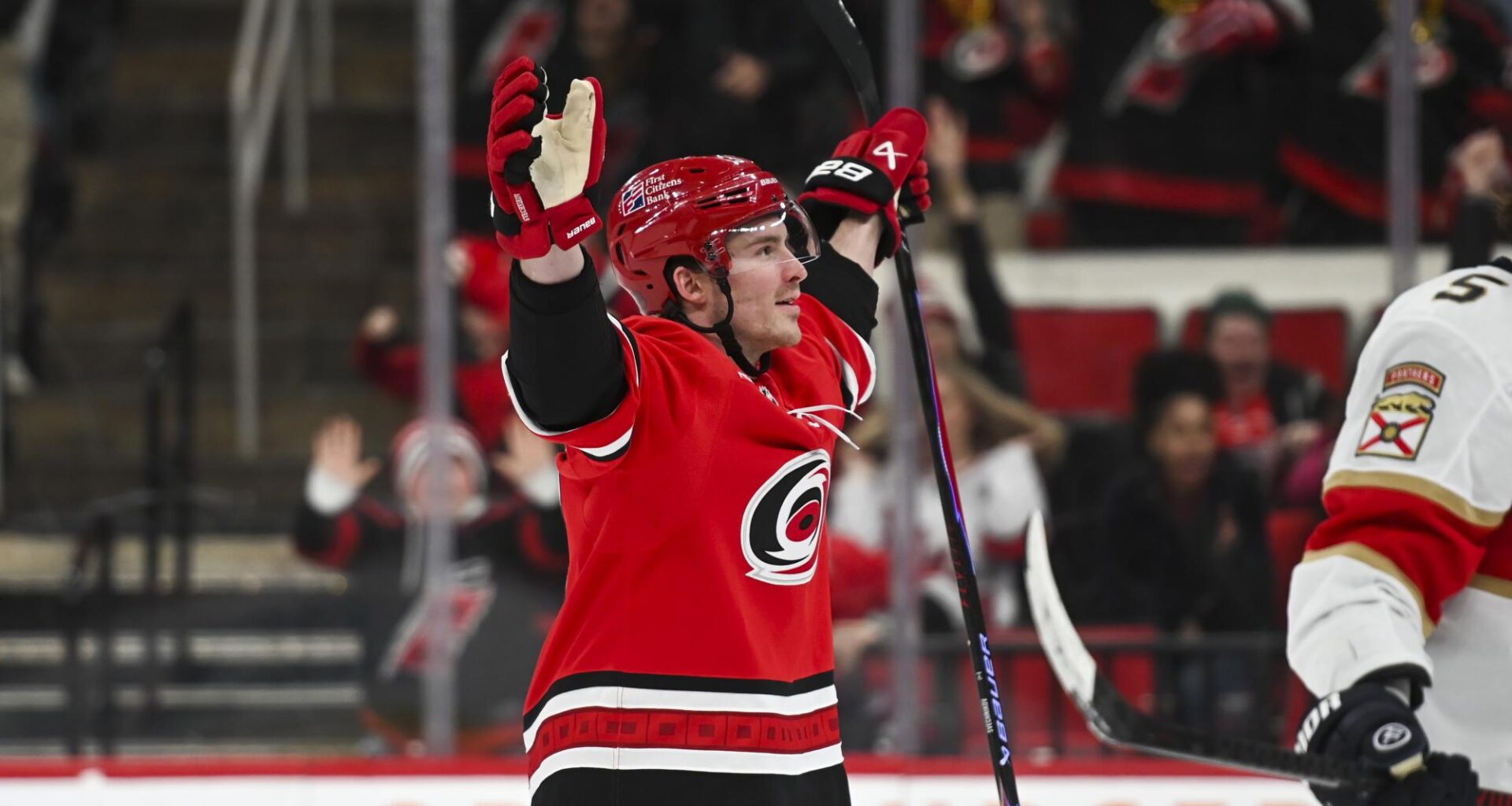Right wing Andrei Svechnikov celebrates after scoring a goal during the game versus the Florida Panthers at the Lenovo Center on Friday, Jan. 16, 2026. Svechnikov scored one goal for the Hurricanes. The Hurricanes beat the Panthers 9-1.