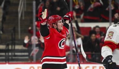 Right wing Andrei Svechnikov celebrates after scoring a goal during the game versus the Florida Panthers at the Lenovo Center on Friday, Jan. 16, 2026. Svechnikov scored one goal for the Hurricanes. The Hurricanes beat the Panthers 9-1.