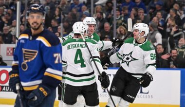 Dallas Stars Miro Heiskanen (4), left, and teammate goaltender Jake Oettinger (29) defend the net against St. Louis Blues' Robby Fabbri (9) during the second period of an NHL hockey game on Tuesday, Jan. 27, 2026, in St. Louis. (AP Photo/Joe Puetz)