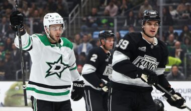 Dallas Stars center Wyatt Johnston, left, celebrates after scoring as Los Angeles Kings defenseman Brian Dumoulin (2) and left wing Jeff Malott (39) look on during the first period of an NHL hockey game, Monday, Jan. 12, 2026, in Los Angeles. (AP Photo/Jessie Alcheh)
