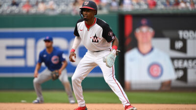 Sep 1, 2024; Washington, District of Columbia, USA; Washington Nationals second baseman Darren Baker (10) leads off first base during his Major League debut against the Chicago Cubs during the ninth inning at Nationals Park.