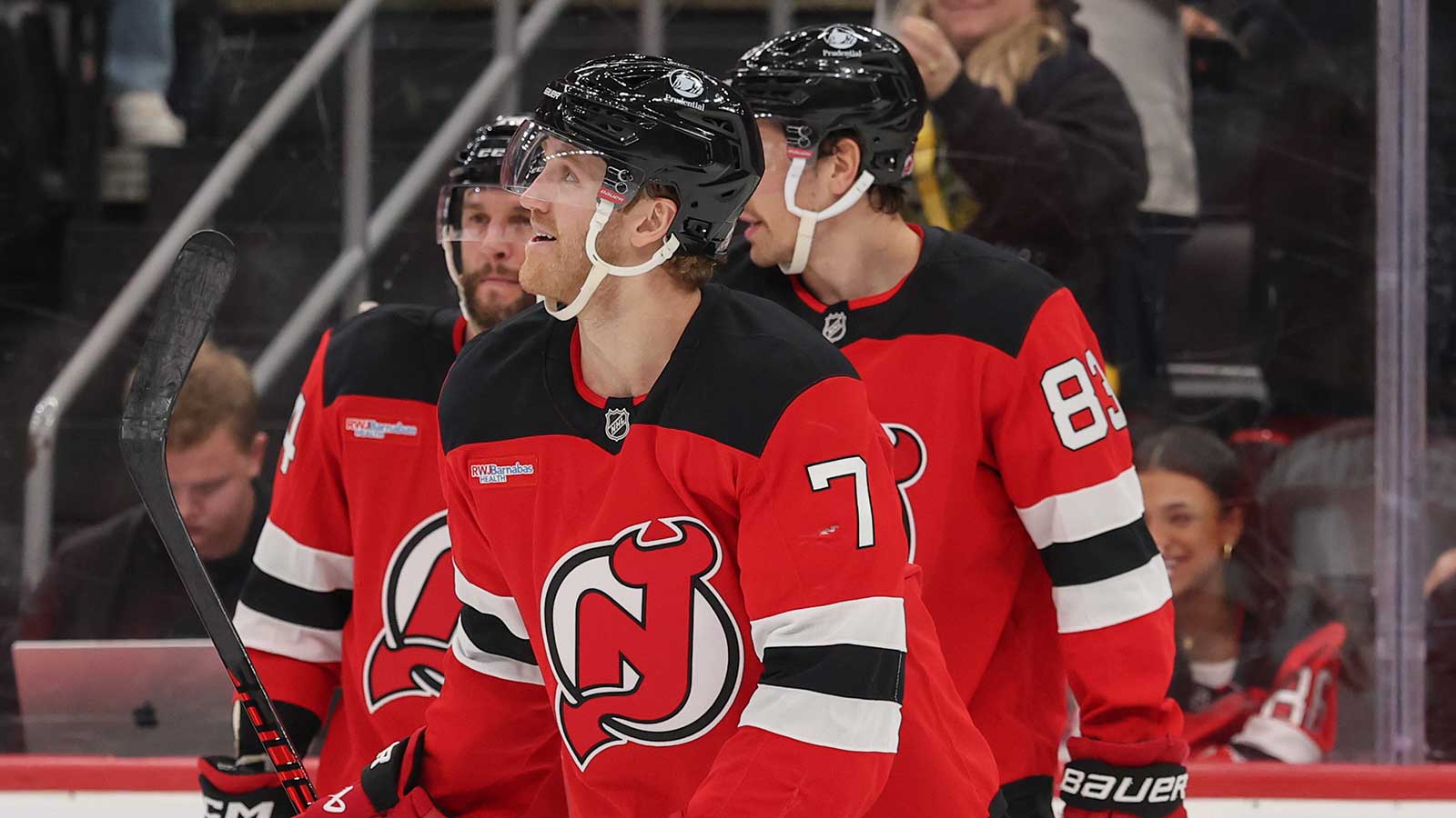 New Jersey Devils defenseman Dougie Hamilton (7) celebrates his goal against the Utah Mammoth during the second period at Prudential Center.