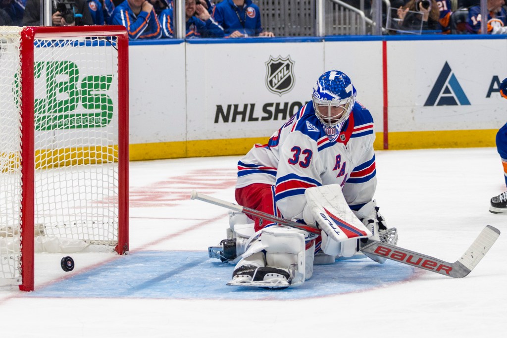 Rangers top goalie prospect Dylan Garand, giving up a goal during a preseason game, is remaining in the AHL despite Igor Shesterkin's injury.