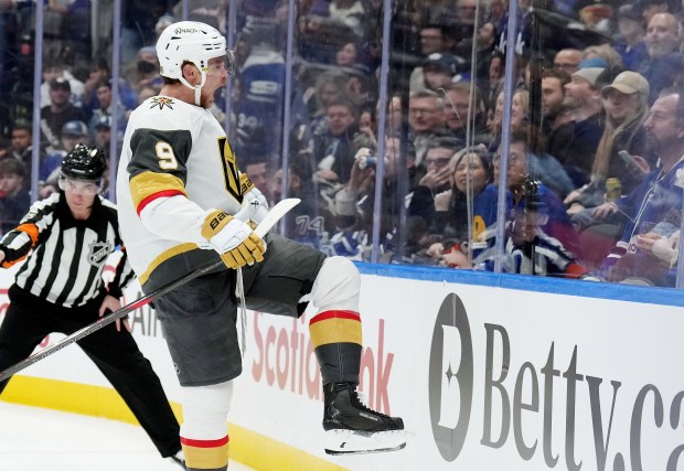 Vegas Golden Knights' Jack Eichel celebrates after a goal against the Toronto Maple Leafs during first-period NHL game action in Toronto on Friday night. (Nathan Denette/The Canadian Press via AP)