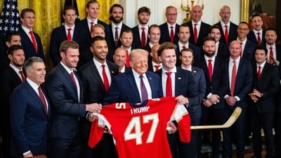 US President Donald Trump is presented a jersey during a celebration for the 2025 Stanley Cup champions in the East Room of the White House in Washington, DC. (Bloomberg)