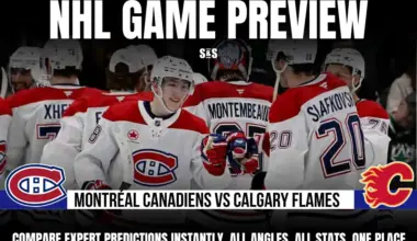 Montreal Canadiens players in red and white jerseys gather for a game preview against the Calgary Flames, showcasing team unity.