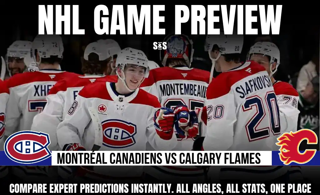 Montreal Canadiens players in red and white jerseys gather for a game preview against the Calgary Flames, showcasing team unity.