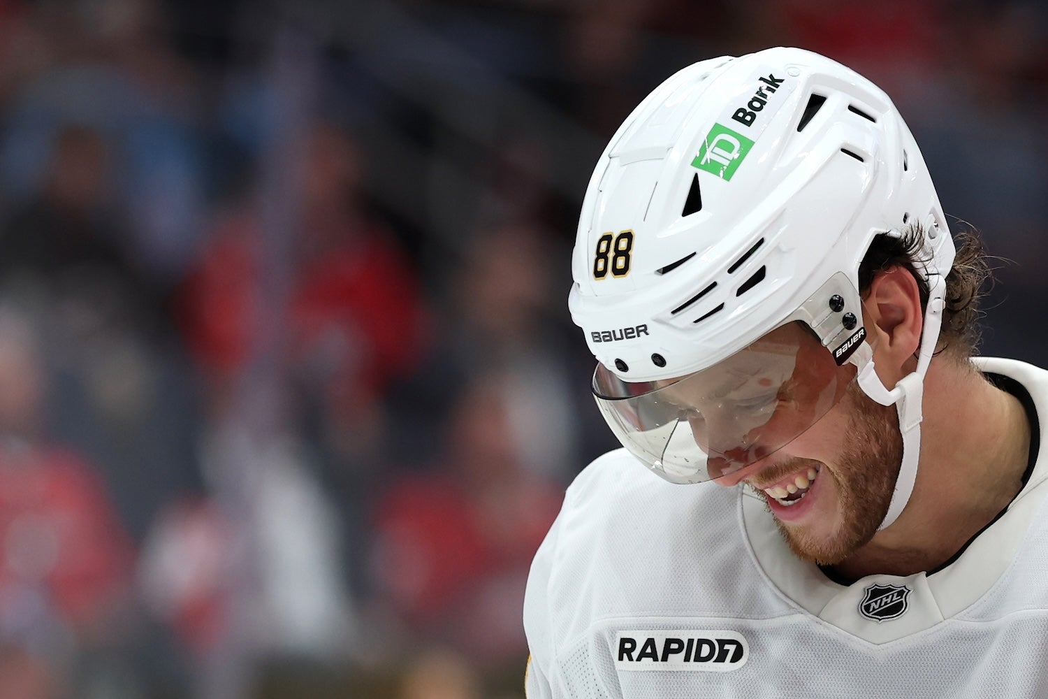 WASHINGTON, DC - OCTOBER 08: David Pastrnak #88 of the Boston Bruins smiles against the Washington Capitals during the third period at Capital One Arena on October 8, 2025 in Washington, DC. (Photo by Patrick Smith/Getty Images)
