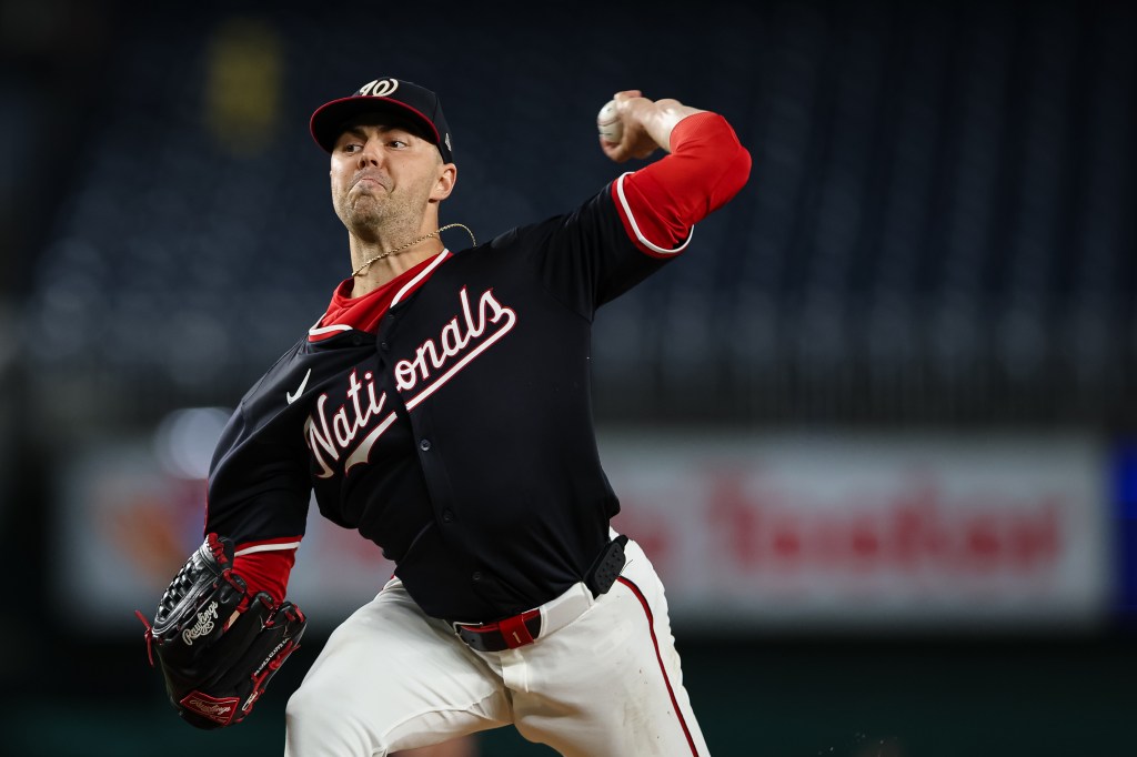 MacKenzie Gore #1 of the Washington Nationals pitches against the Atlanta Braves during the sixth inning in game two of a split doubleheader at Nationals Park on September 16, 2025 in Washington, DC. 