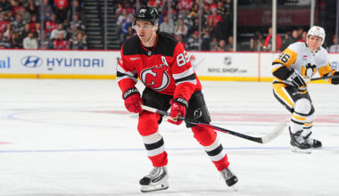 NEWARK, NJ - NOVEMBER 08: Jack Hughes #86 of the New Jersey Devils skates during the first period of the game against the Pittsburgh Penguins on November 8, 2025 at the Prudential Center in Newark, New Jersey. (Photo by Rich Graessle/NHLI via Getty Images)