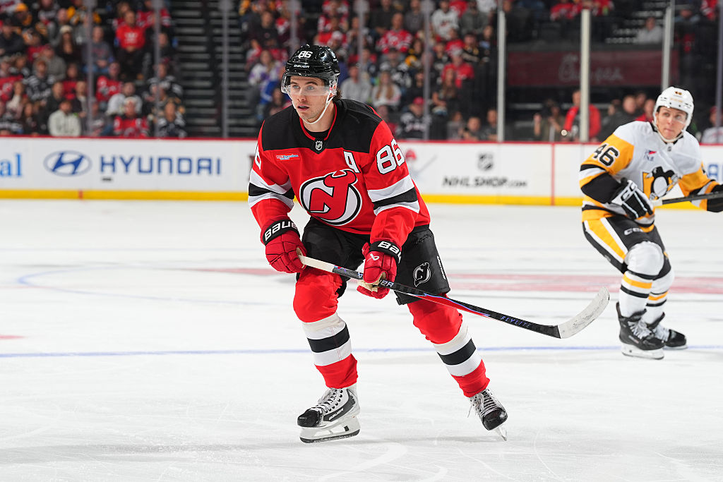 NEWARK, NJ - NOVEMBER 08: Jack Hughes #86 of the New Jersey Devils skates during the first period of the game against the Pittsburgh Penguins on November 8, 2025 at the Prudential Center in Newark, New Jersey. (Photo by Rich Graessle/NHLI via Getty Images)