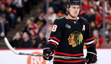 CHICAGO, ILLINOIS - NOVEMBER 30: Connor Bedard #98 of the Chicago Blackhawks looks on against the Anaheim Ducks during the second period at the United Center on November 30, 2025 in Chicago, Illinois. (Photo by Michael Reaves/Getty Images)