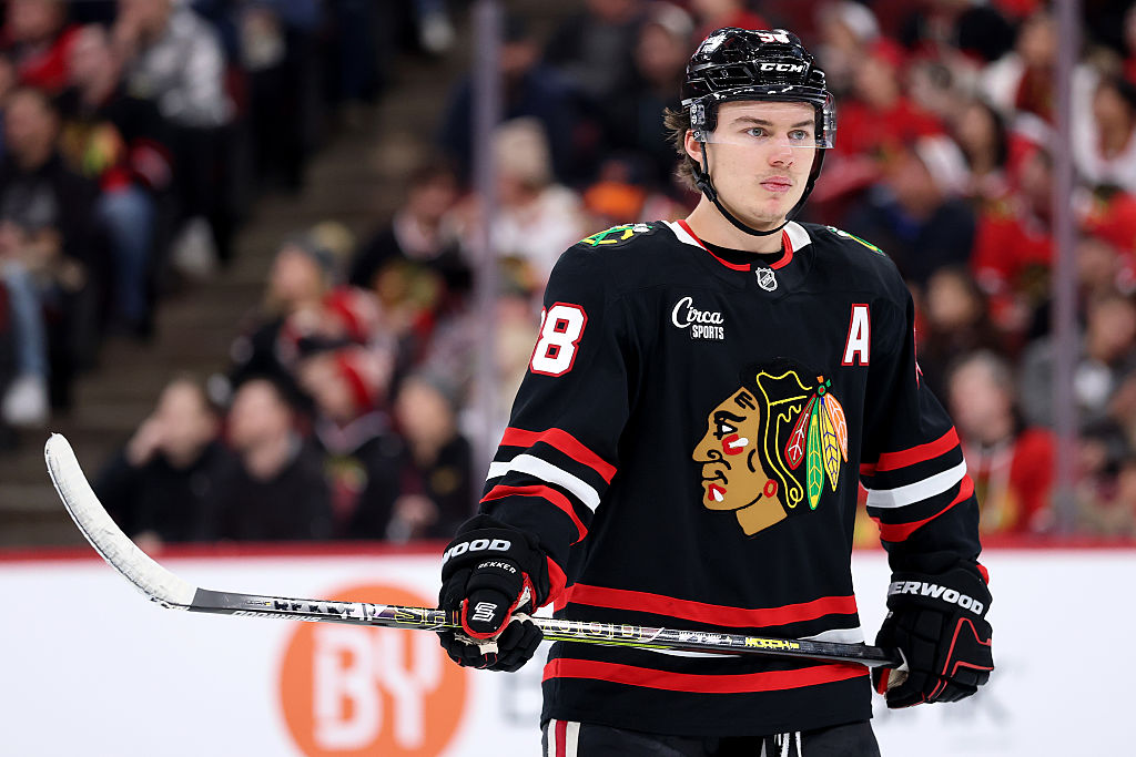 CHICAGO, ILLINOIS - NOVEMBER 30: Connor Bedard #98 of the Chicago Blackhawks looks on against the Anaheim Ducks during the second period at the United Center on November 30, 2025 in Chicago, Illinois. (Photo by Michael Reaves/Getty Images)