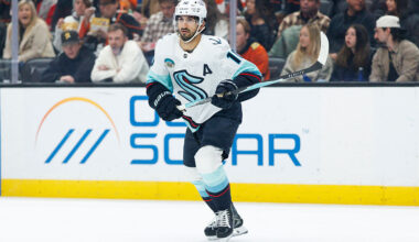 ANAHEIM, CALIFORNIA - DECEMBER 22: Matty Beniers #10 of the Seattle Kraken skates during the first period against the Anaheim Ducks at Honda Center on December 22, 2025 in Anaheim, California. (Photo by Ric Tapia/Getty Images)