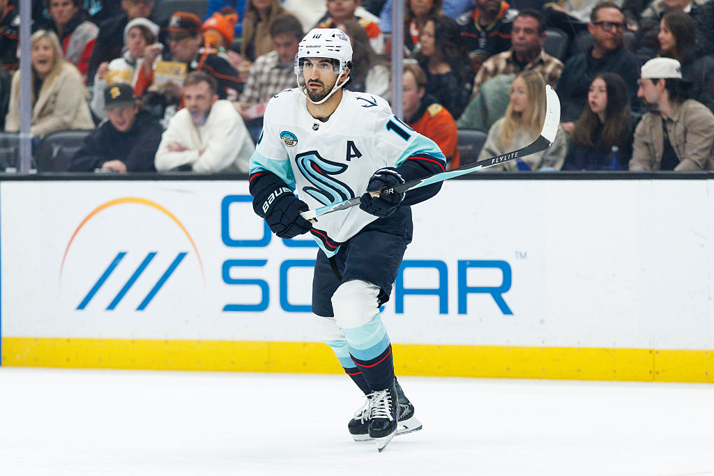 ANAHEIM, CALIFORNIA - DECEMBER 22: Matty Beniers #10 of the Seattle Kraken skates during the first period against the Anaheim Ducks at Honda Center on December 22, 2025 in Anaheim, California. (Photo by Ric Tapia/Getty Images)