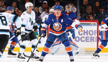 ELMONT, NEW YORK - JANUARY 01: Bo Horvat #14 of the New York Islanders defends against the Utah Mammoth during the second period at UBS Arena on January 01, 2026 in Elmont, New York. (Photo by Bruce Bennett/Getty Images)