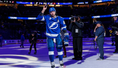 TAMPA, FL - JANUARY 6: Nikita Kucherov #86 of the Tampa Bay Lightning celebrates the win against the Colorado Avalanche at Benchmark International Arena on January 6, 2026 in Tampa, Florida. (Photo by Mark LoMoglio/NHLI via Getty Images)