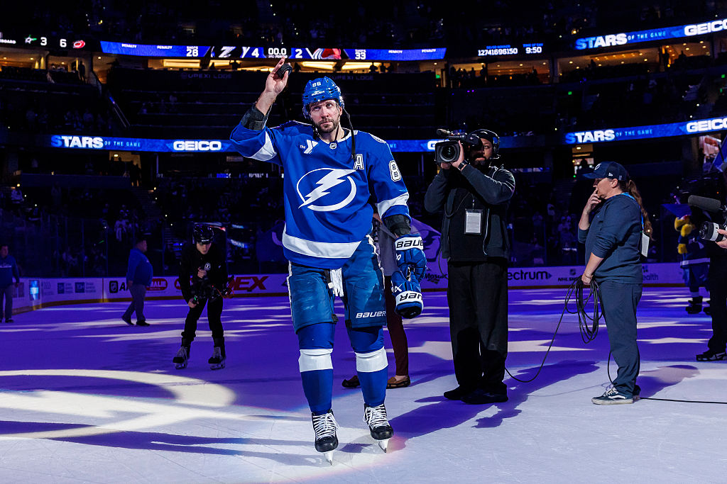 TAMPA, FL - JANUARY 6: Nikita Kucherov #86 of the Tampa Bay Lightning celebrates the win against the Colorado Avalanche at Benchmark International Arena on January 6, 2026 in Tampa, Florida. (Photo by Mark LoMoglio/NHLI via Getty Images)