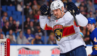 BUFFALO, NEW YORK - JANUARY 12: Sam Reinhart #13 of the Florida Panthers celebrates a goal during the first period of an NHL game against the Buffalo Sabres on January 12, 2026 at KeyBank Center in Buffalo, New York. (Photo by Ben Ludeman/NHLI via Getty Images)