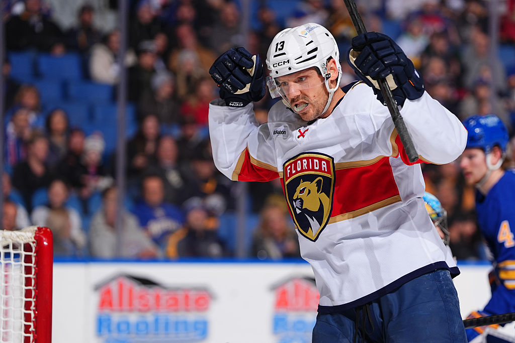 BUFFALO, NEW YORK - JANUARY 12: Sam Reinhart #13 of the Florida Panthers celebrates a goal during the first period of an NHL game against the Buffalo Sabres on January 12, 2026 at KeyBank Center in Buffalo, New York. (Photo by Ben Ludeman/NHLI via Getty Images)