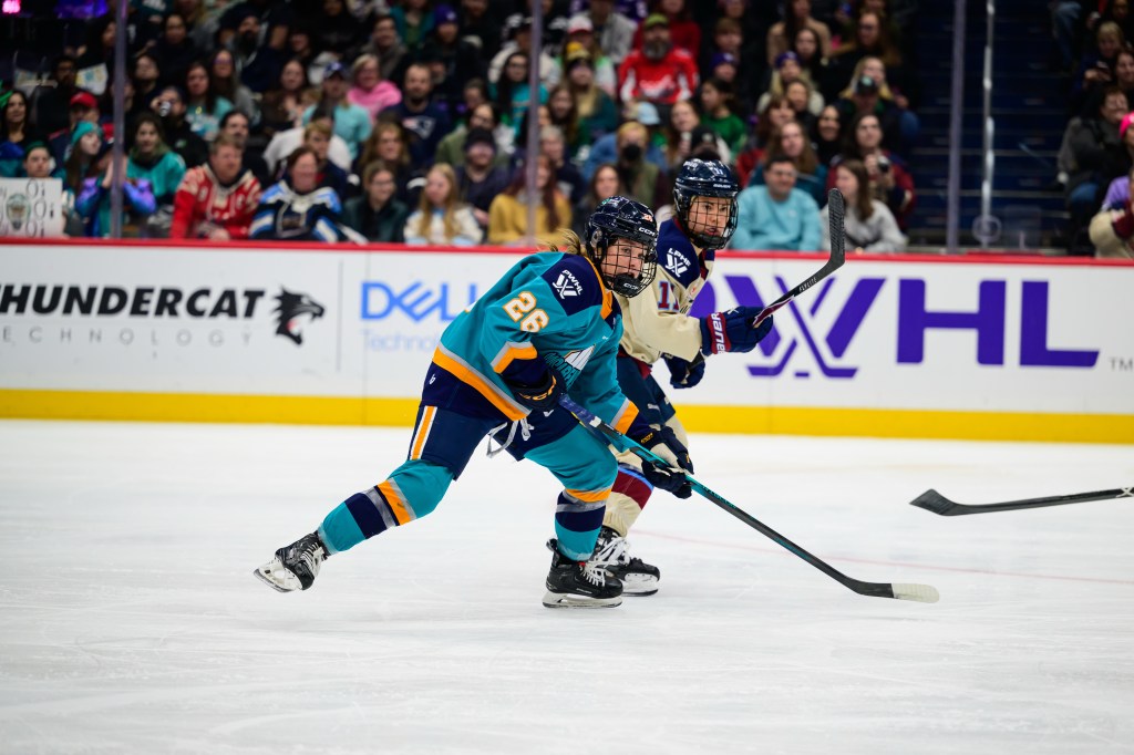 New York Sirens forward Casey O'Brien (26) skates skates up ice during the PWHL game between the New York Sirens and the Montréal Victoire January 18 2026, at Capital One Arena in Washington DC.