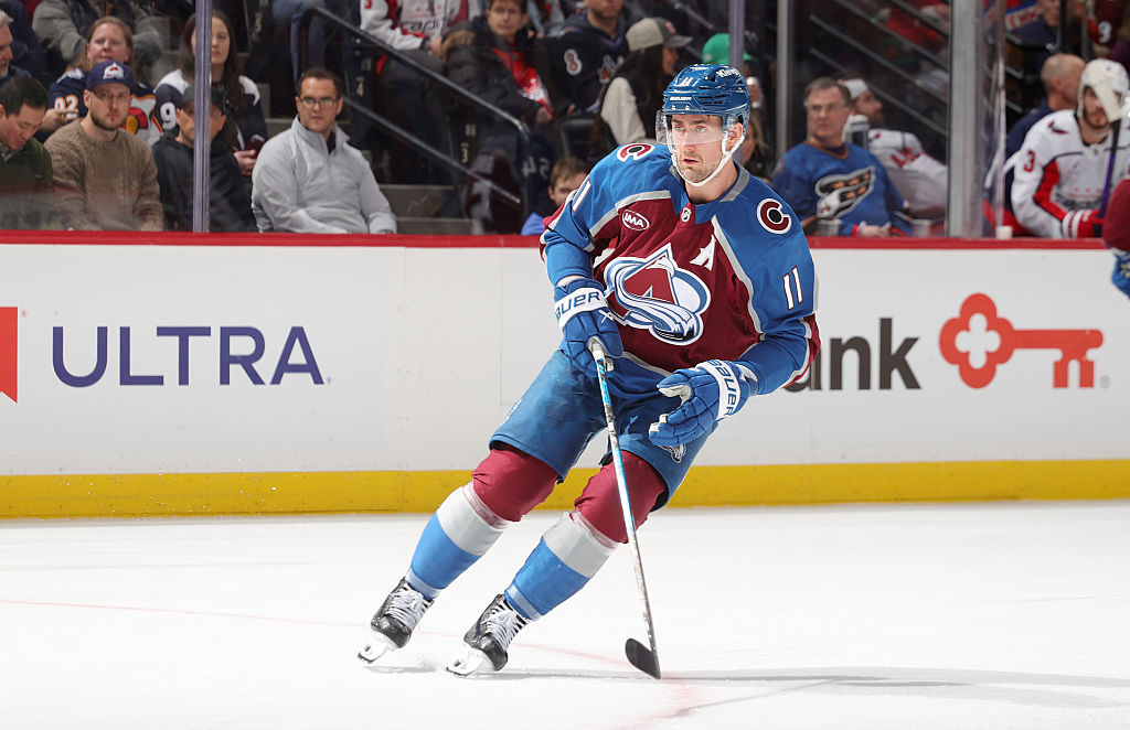 DENVER, COLORADO - JANUARY 19: Brock Nelson #11 of the Colorado Avalanche skates against the Washington Capitals at Ball Arena on January 19, 2026 in Denver, Colorado. (Photo by Michael Martin/NHLI via Getty Images)