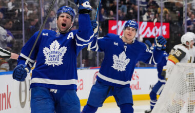 TORONTO, CANADA - JANUARY 23: John Tavares #91 of the Toronto Maple Leafs celebrates his second period goal against the Vegas Golden Knights at Scotiabank Arena on January 23, 2026 in Toronto, Ontario, Canada. (Photo by Chris Tanouye/Getty Images)
