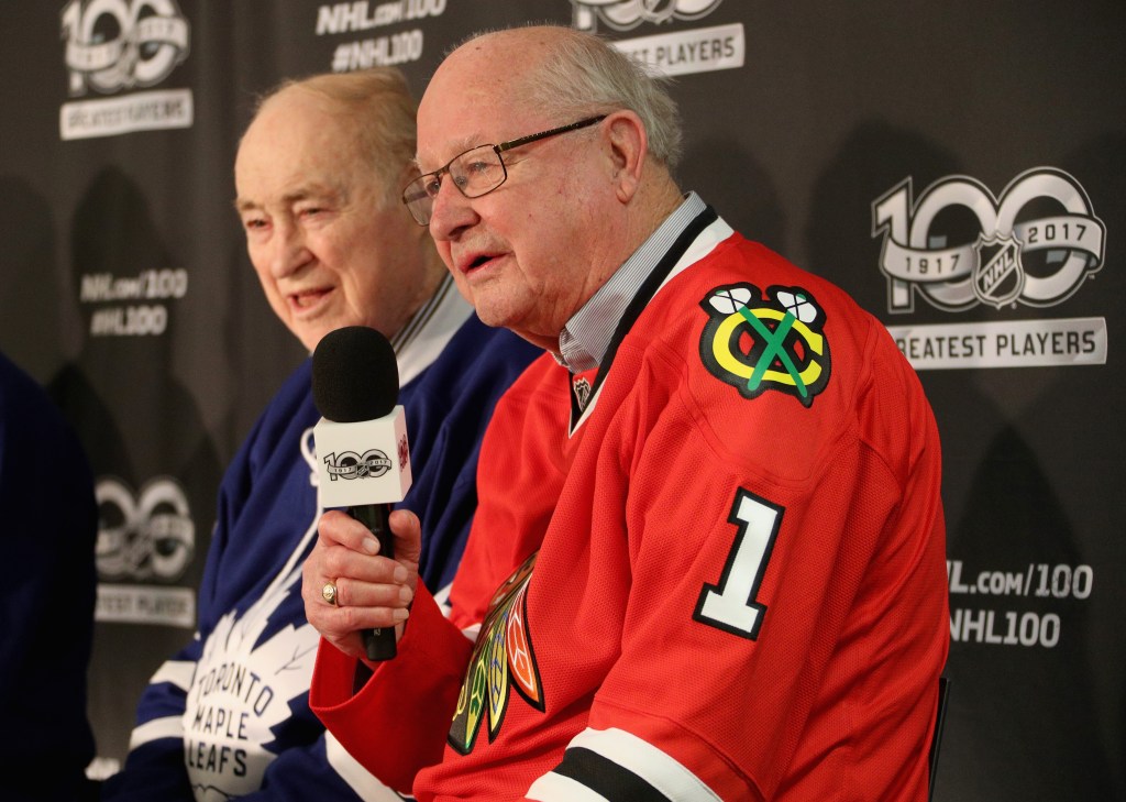 Toronto Maple Leafs legend Red Kelly and Chicago Blackhawks legend Glenn Hall speak to the media prior to the start of the 2017 Scotiabank NHL Centennial Classic to be played between the Detroit Red Wings and the Toronto Maple Leafs at Exhibition Stadium on January 1, 2017.