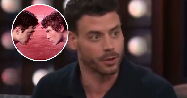 Francois Arnaud, with a photoshopped circle next to him containing the main characters of Heated Rivalry.