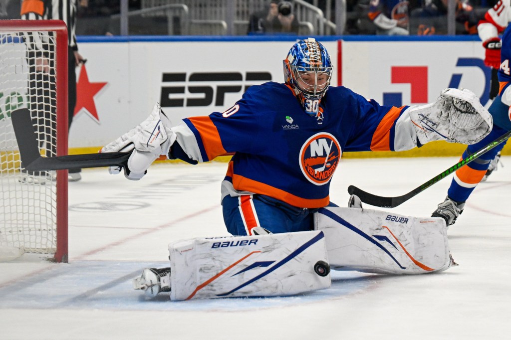 Ilya Sorokin makes one of his 44 saves during the Islanders' 9-0 blowout win over the Devils on Jan. 6, 2025 at UBS Arena.