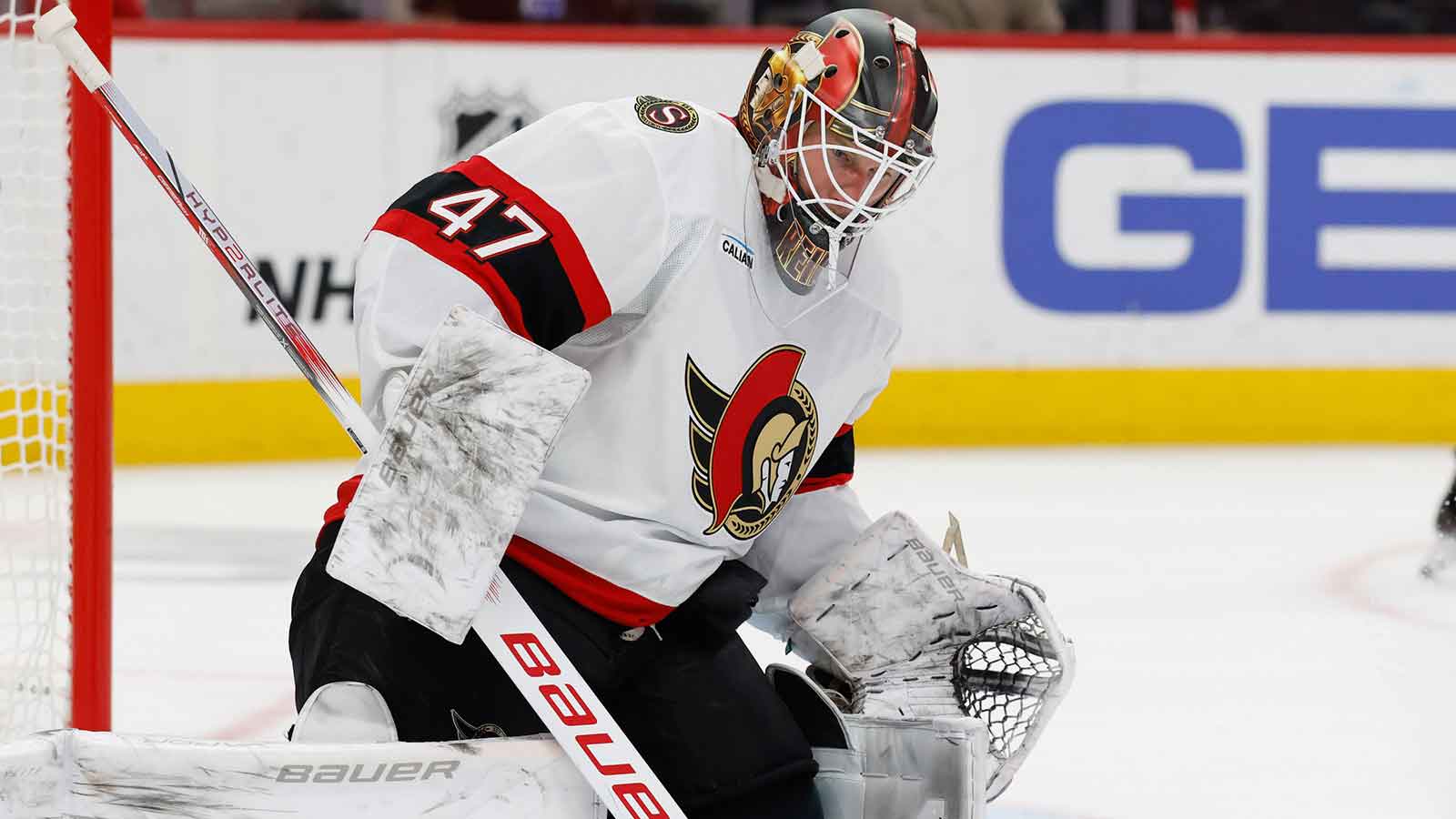 Ottawa Senators goalie James Reimer (47) makes a save in the second period against the Detroit Red Wings at Little Caesars Arena.