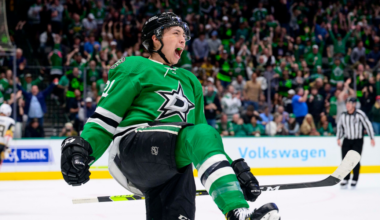 Jason Robertson skating for the Dallas Stars